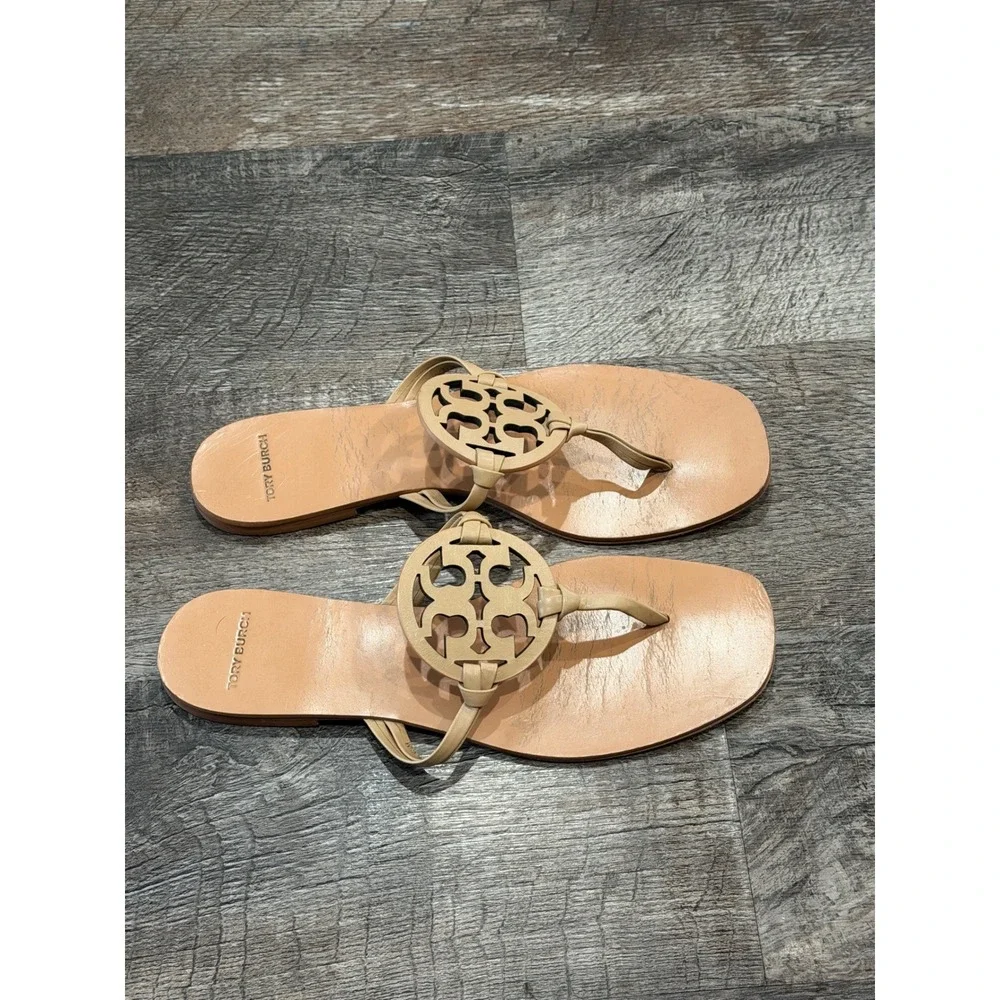 Tory Burch Miller Leather Logo Thong Sandals Sand Beige Womens 8.5M